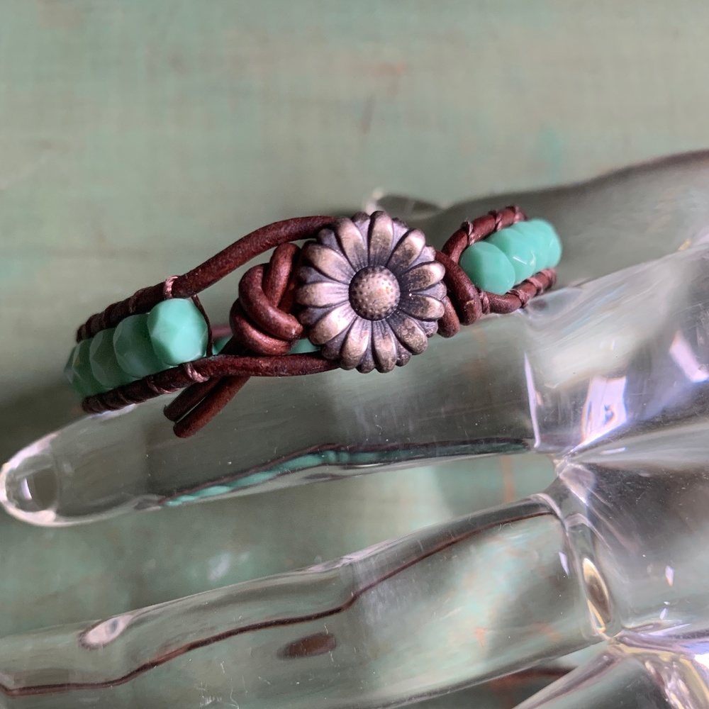 Turquoise Bead Flower & Leather Wrap Bracelet NWOT